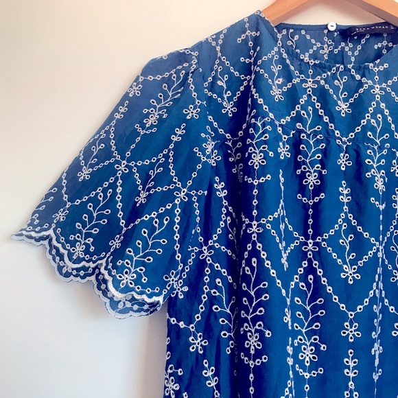 Zara Sz M embroidered blue Scalloped Shirt Top - Picture 2 of 15